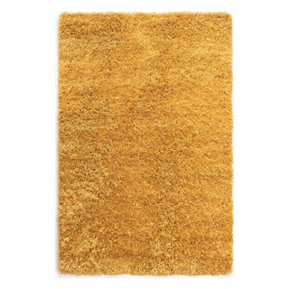 A rectangular shag area rug in a warm golden yellow color, shown from a top-down view on a plain white background.