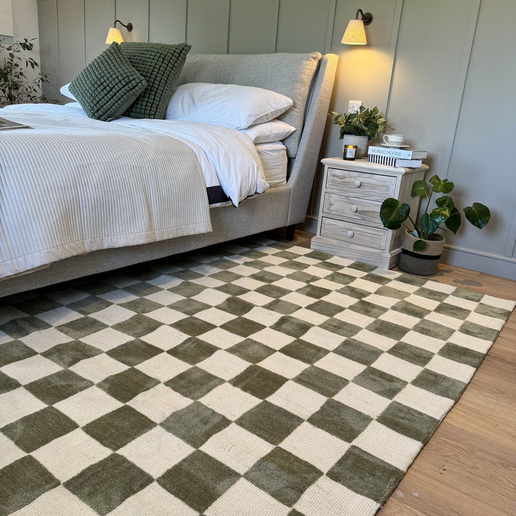 Green Retro Checkerboard Rug - Maze | Living Room Rugs | Kukoon Rugs Online