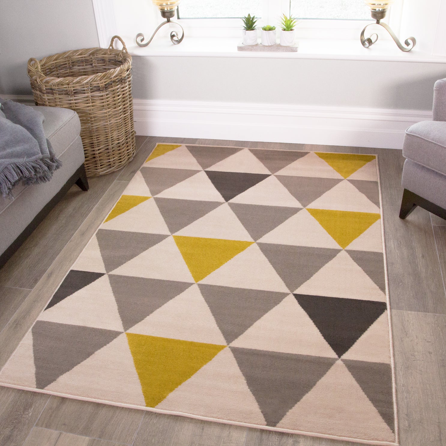 Large Yellow Grey Geometric Triangle Rug
