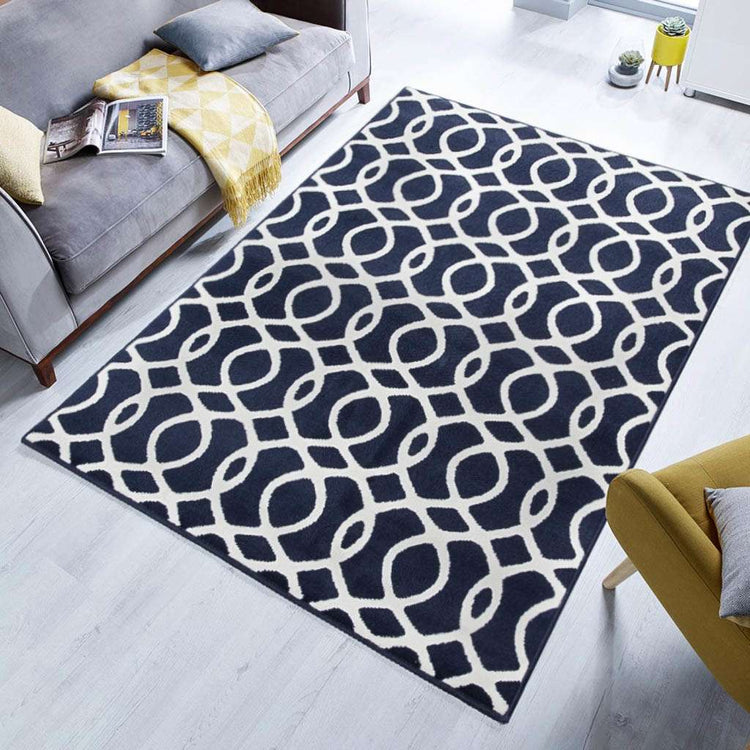 Navy Blue Modern Trellis Bedroom Rug