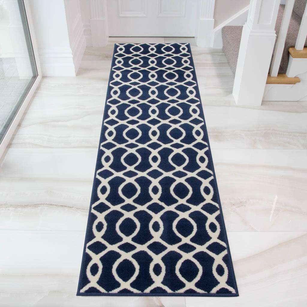 Navy Blue Modern Trellis Bedroom Rug