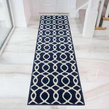 Navy Blue Modern Trellis Bedroom Rug