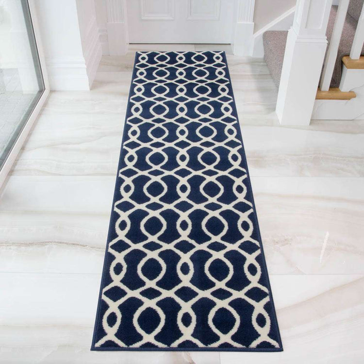 Navy Blue Modern Trellis Bedroom Rug