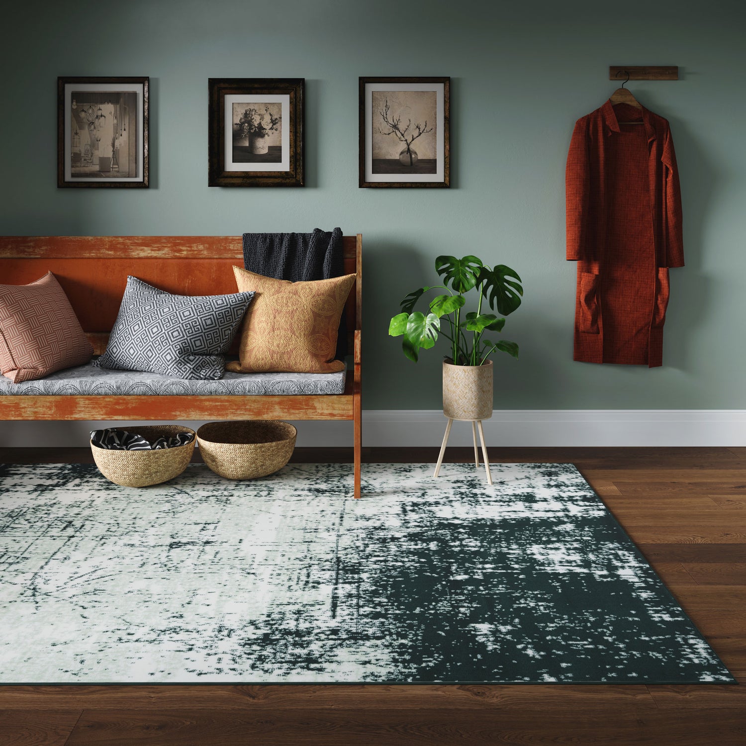 Green Distressed Living Room Rug