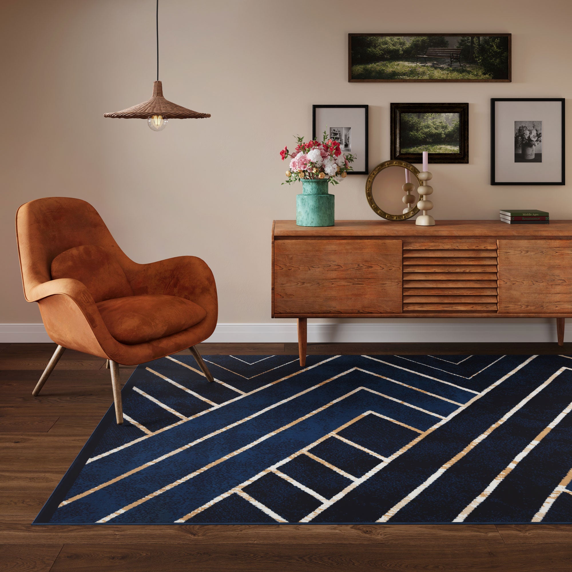Navy Gold Art Deco Contempary Area Rug | Living Room Rugs | Kukoon Rugs ...