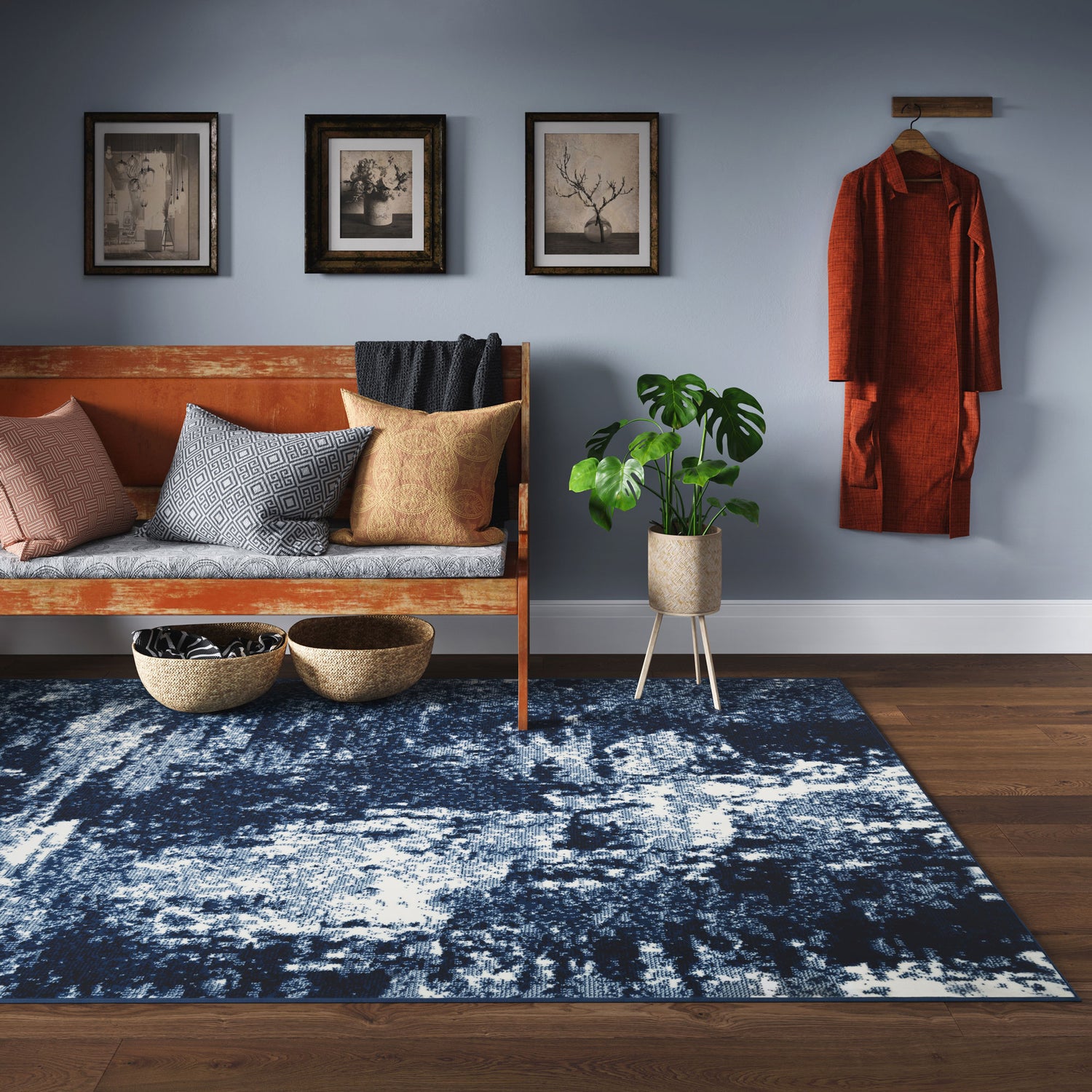 Navy Blue Distressed Living Room Rug