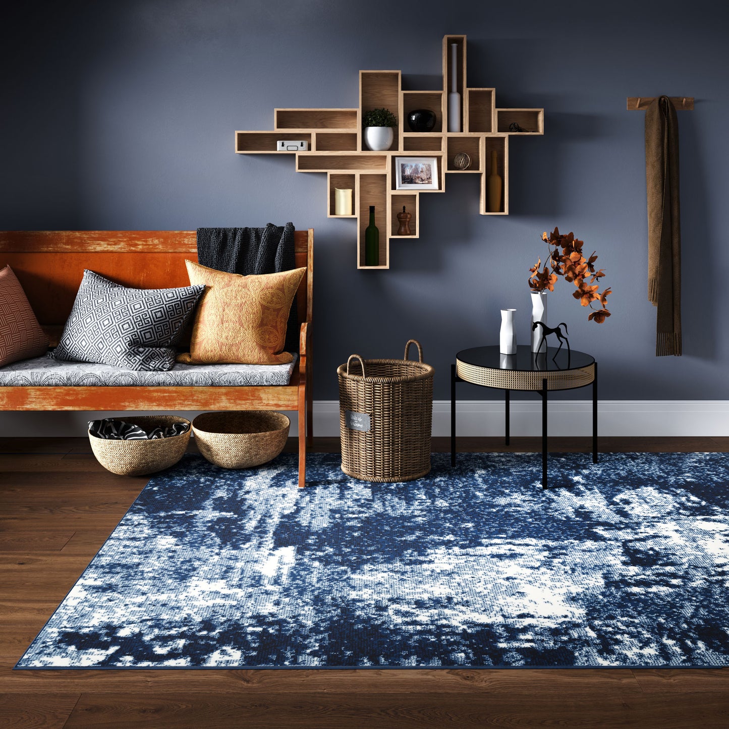 Navy Blue Distressed Living Room Rug | Living Room Rugs | Kukoon Rugs ...
