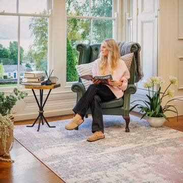 Pink Grey Distressed Worn Look Living Room Rug - Milan