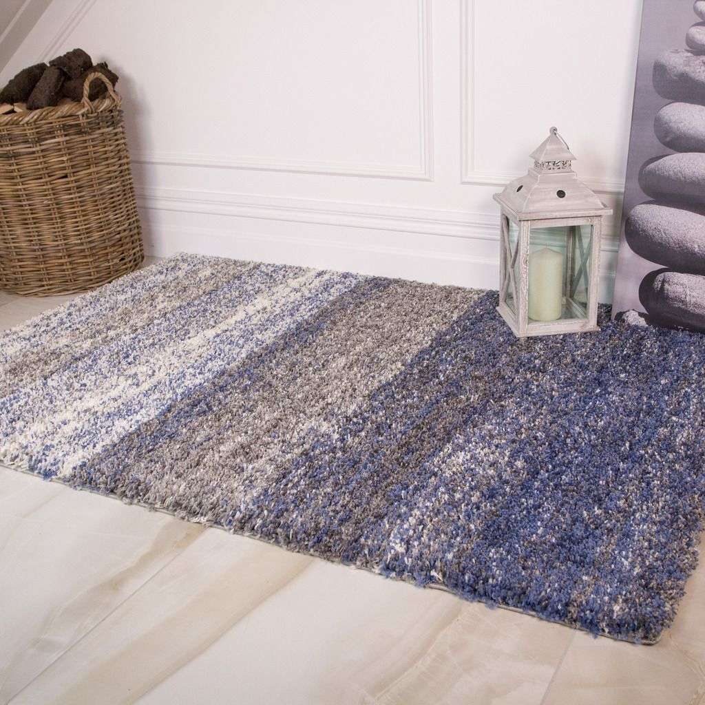 Blue Ombre Stripe Shaggy Rug for Living Room