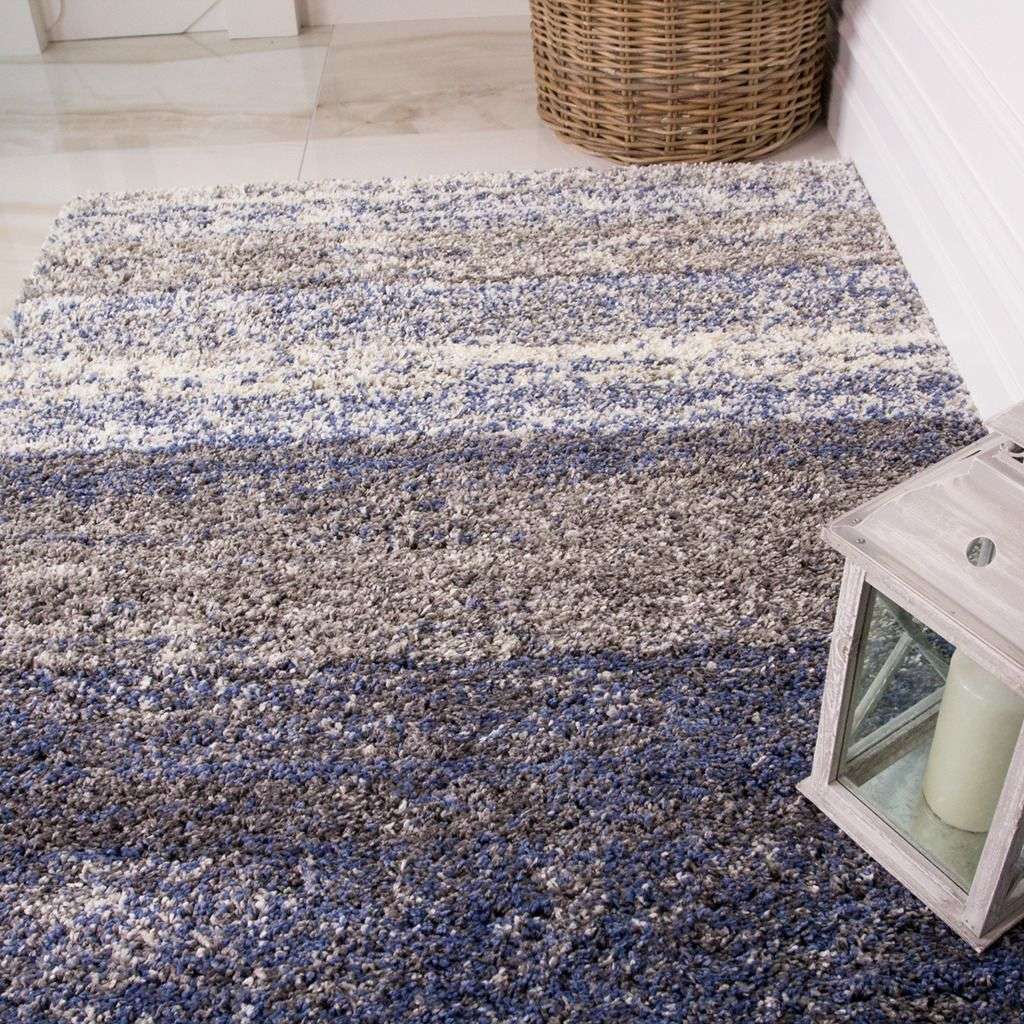 Blue Ombre Stripe Shaggy Rug for Living Room