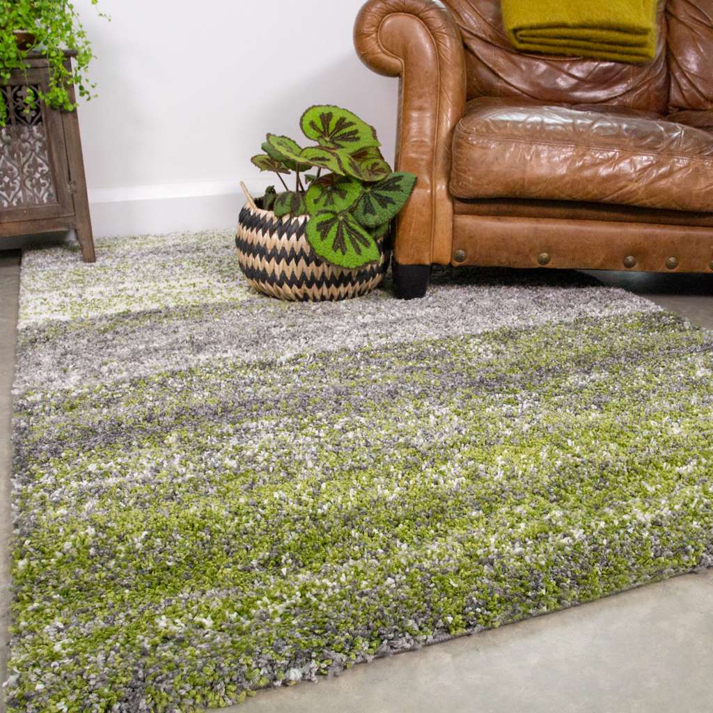 Mottled Stripe Dark Green Shaggy Rug