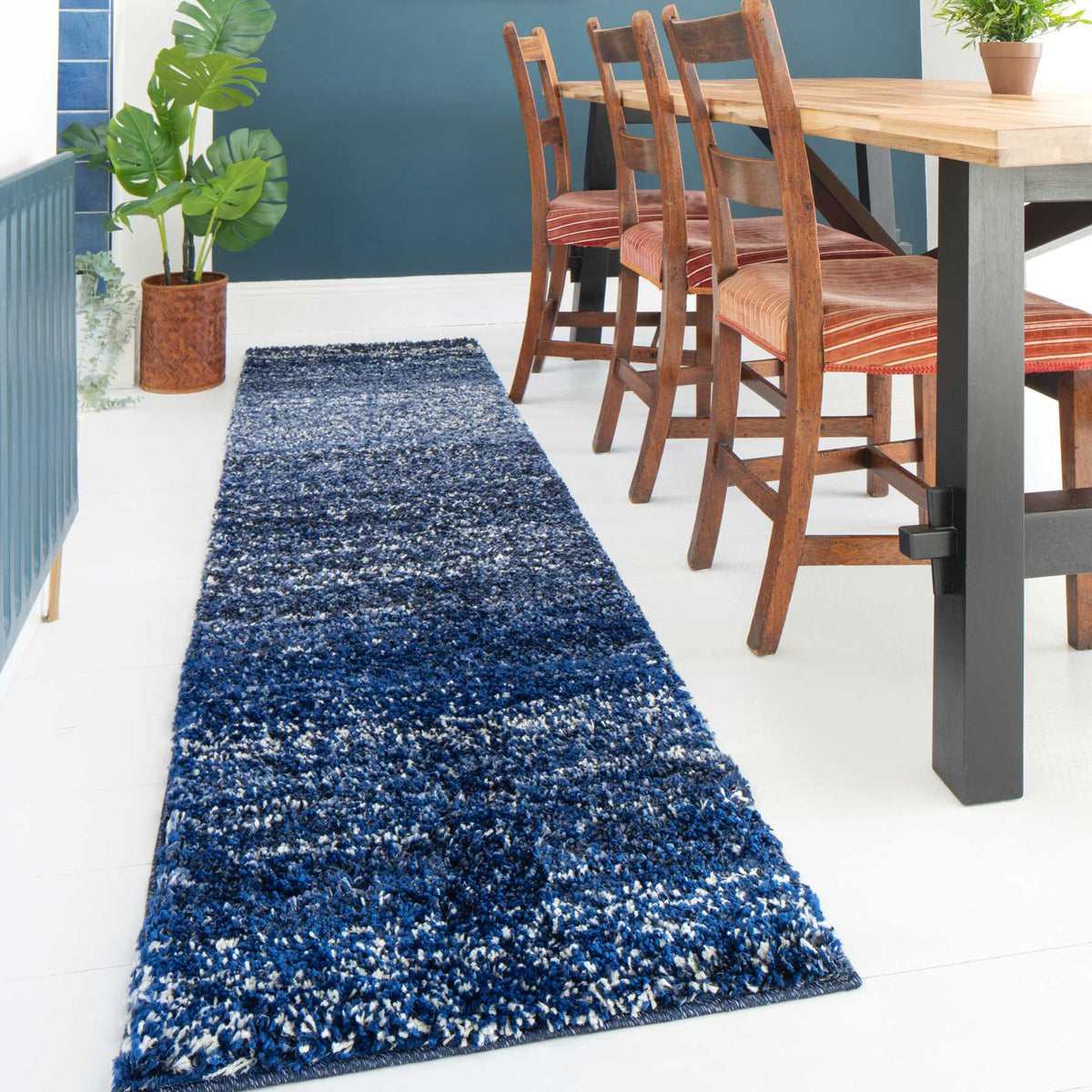 Navy Mottled Striped Shaggy Runner Rug