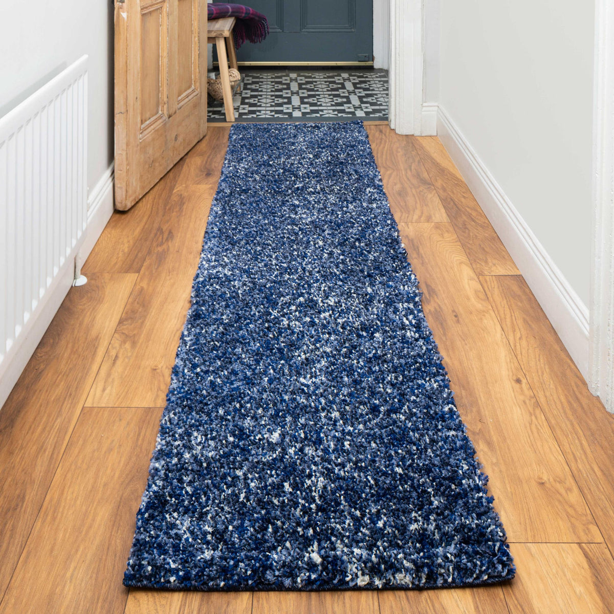 Navy Mottled Striped Shaggy Runner Rug