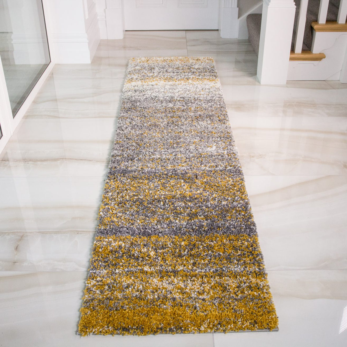 Premium Cosy Ochre Striped Shaggy Runner Rug