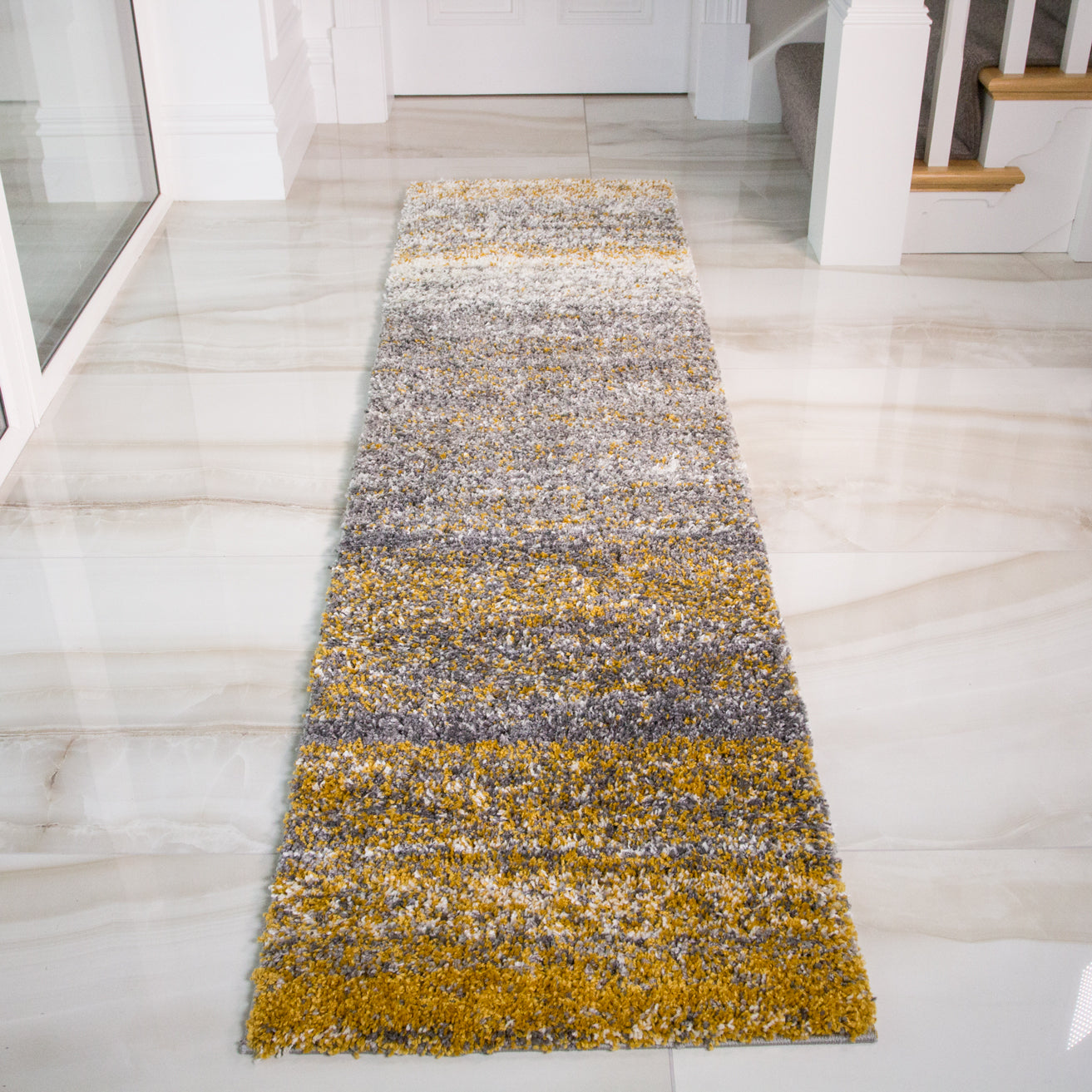 Premium Cosy Ochre Striped Shaggy Runner Rug