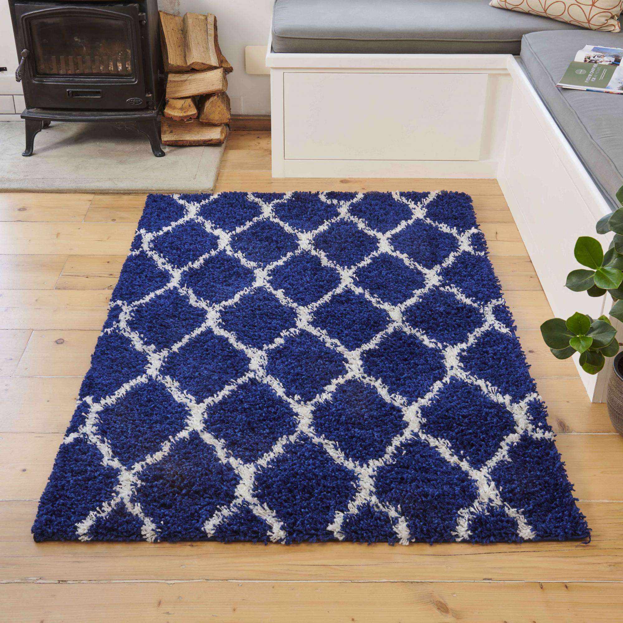 Navy Moroccan Trellis Shaggy Rug