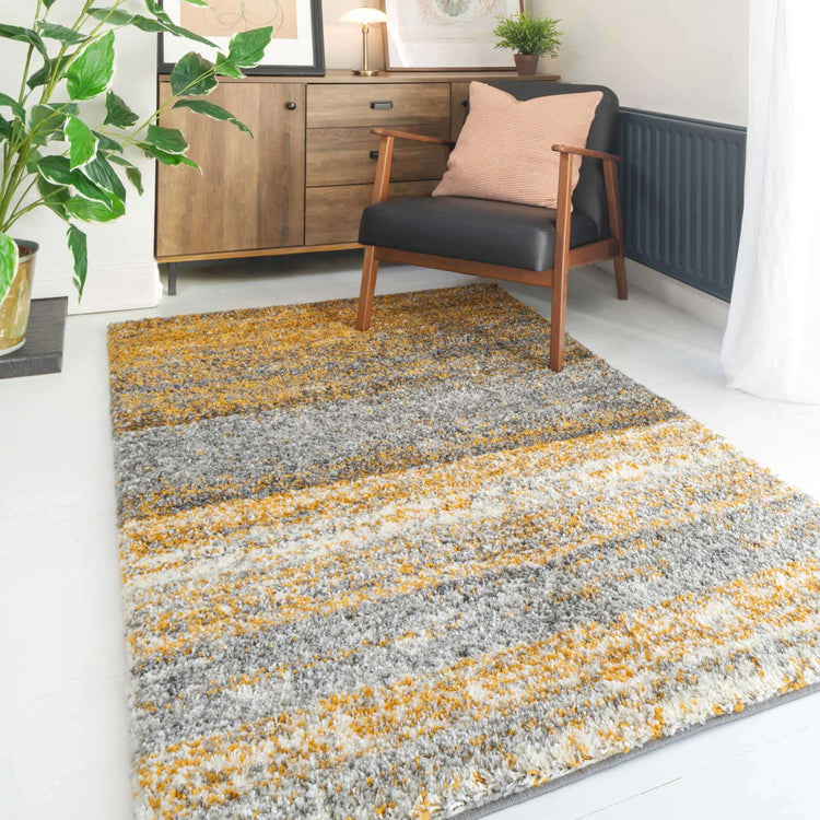 Ochre Striped Shaggy Runner Rug