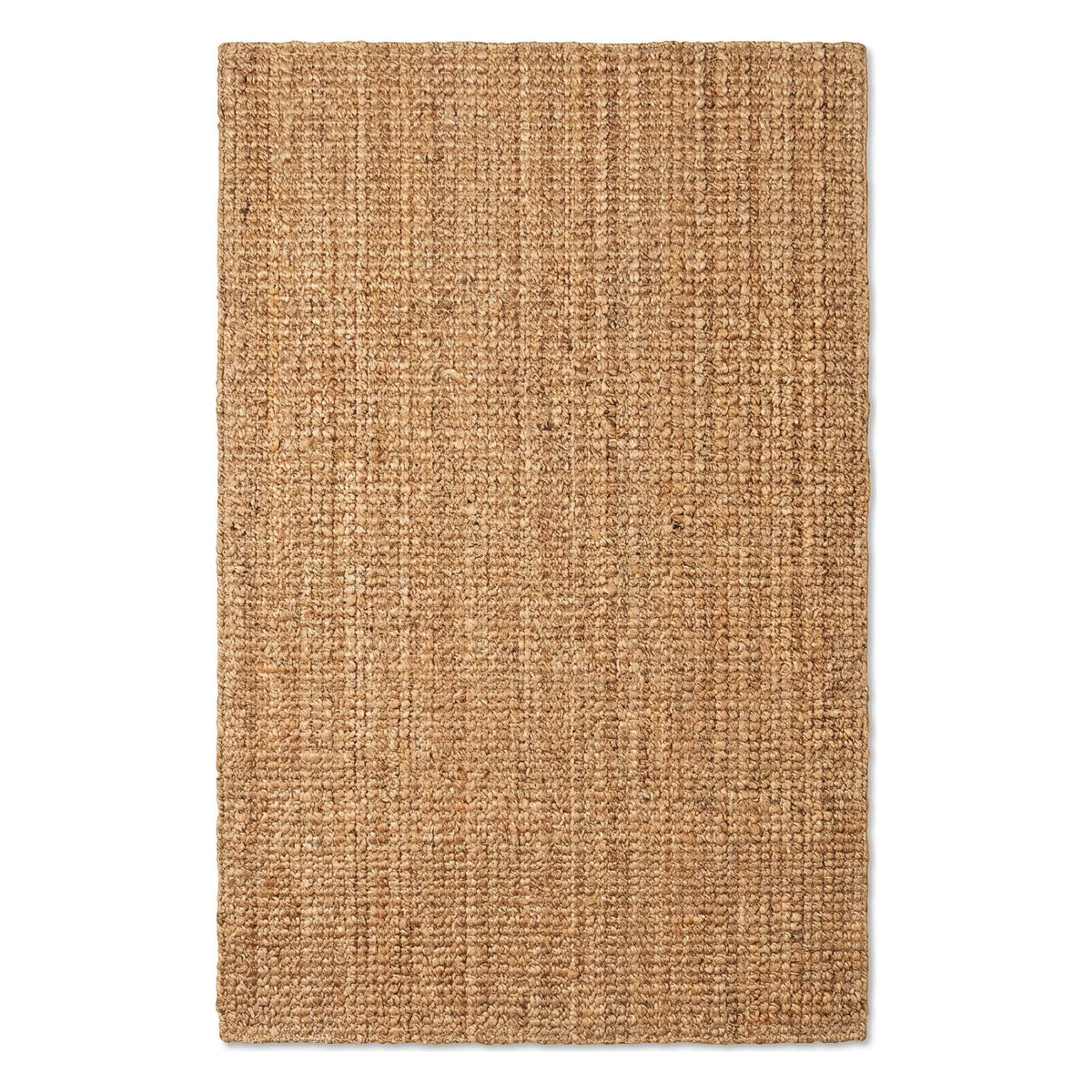 A rectangular natural jute or seagrass area rug with a tightly woven, textured surface in a warm tan-brown color, shown flat against a solid white background.