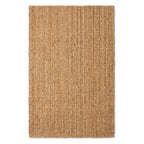 A rectangular natural jute or seagrass area rug with a tightly woven, textured surface in a warm tan-brown color, shown flat against a solid white background.