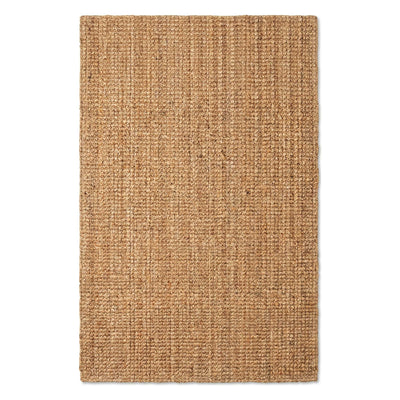 A rectangular natural jute or seagrass area rug with a tightly woven, textured surface in a warm tan-brown color, shown flat against a solid white background.