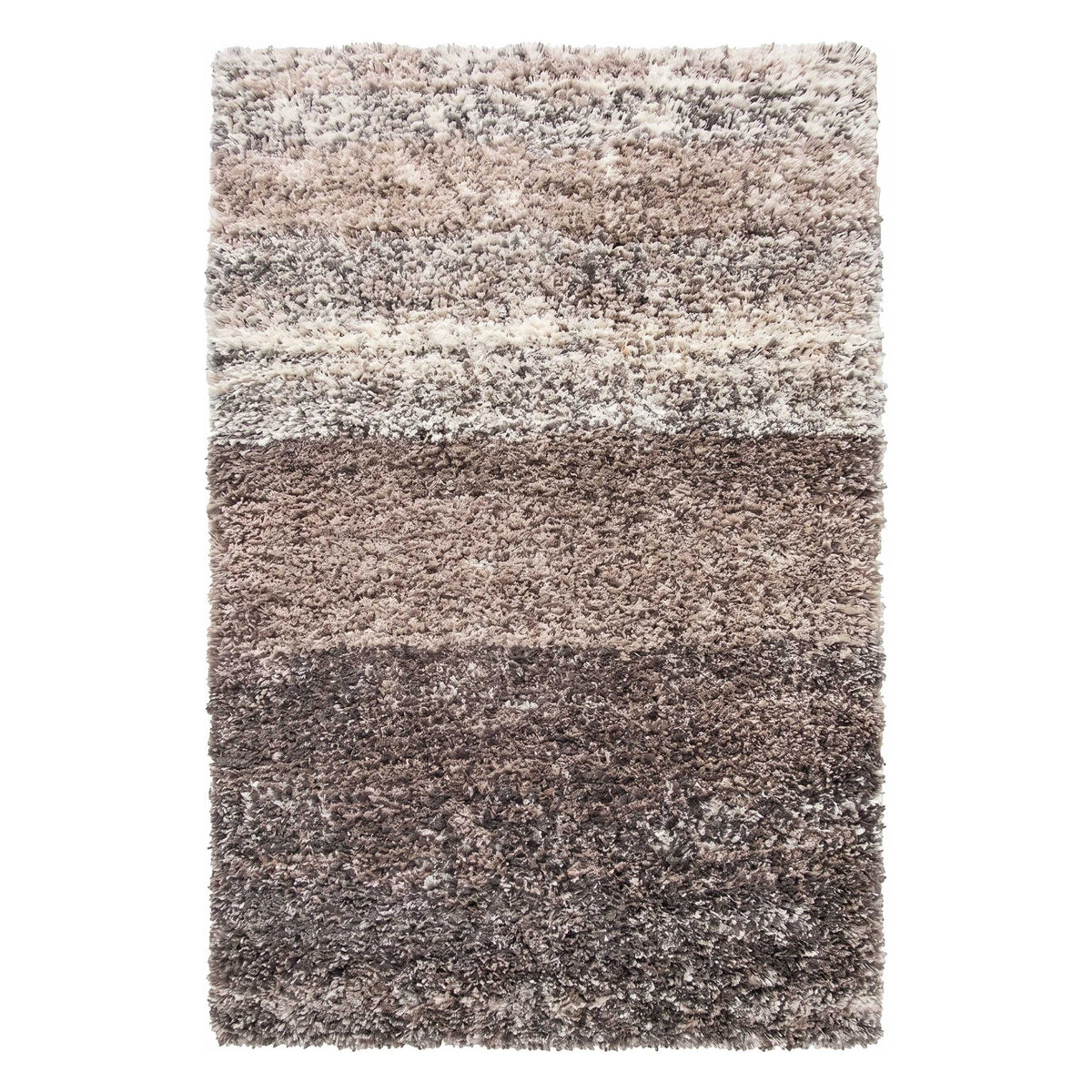 A rectangular shag area rug with horizontal stripes in shades of taupe, beige, brown, and charcoal gray, shown flat against a white background.
