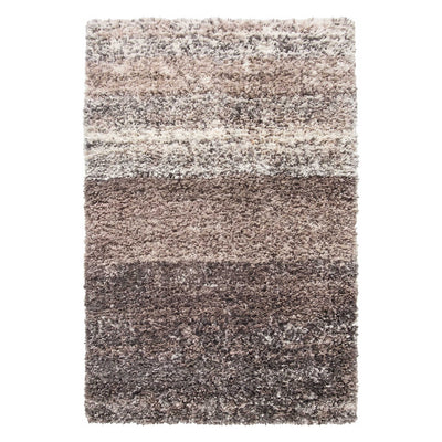 A rectangular shag area rug with horizontal stripes in shades of taupe, beige, brown, and charcoal gray, shown flat against a white background.