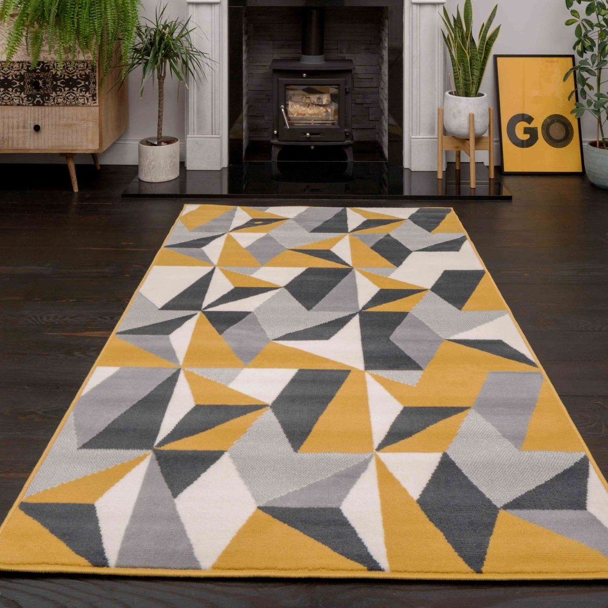 Geometric Yellow Patterned Rug Geometric Yellow and Grey Rug | Living Room Rugs | Kukoon Rugs Online