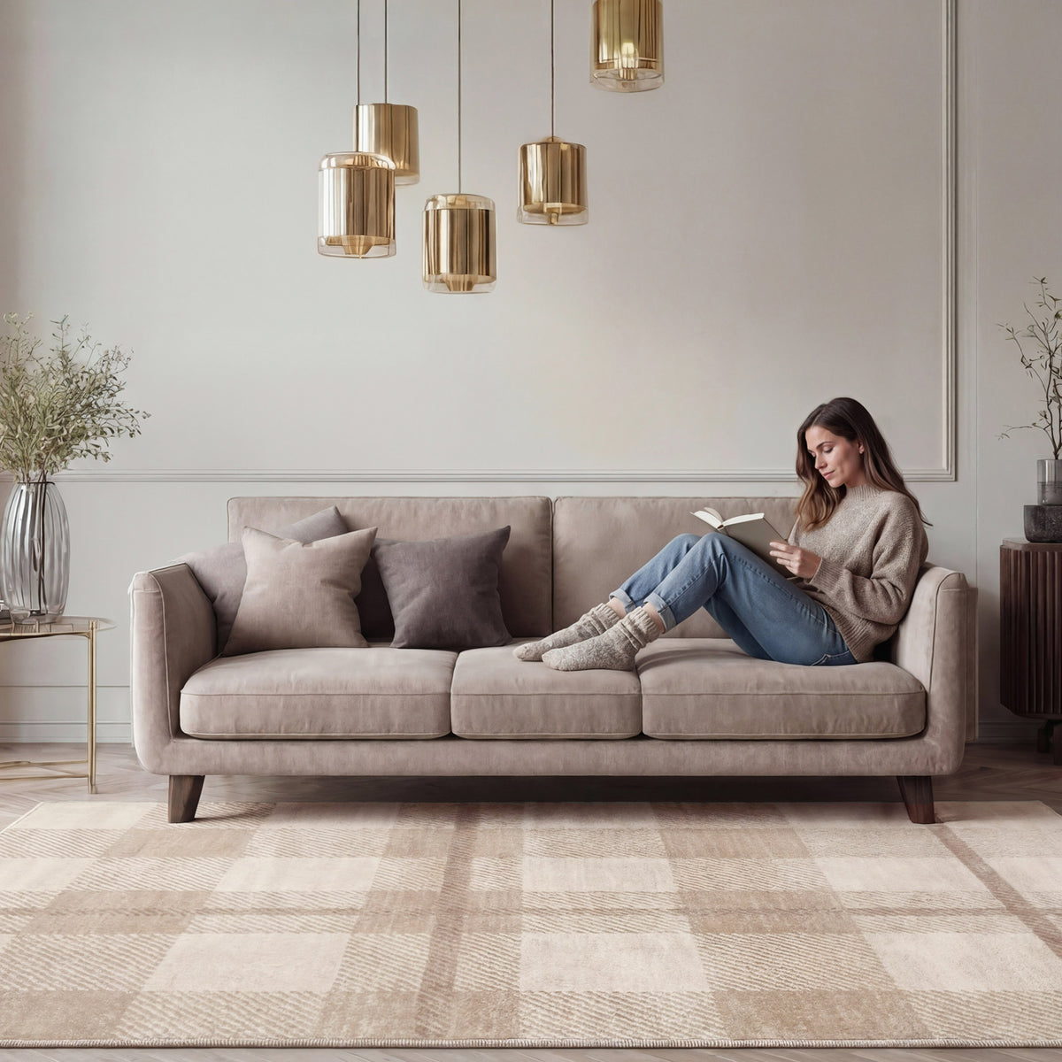 Neutral Cream Beige Tartan Rug - Angus