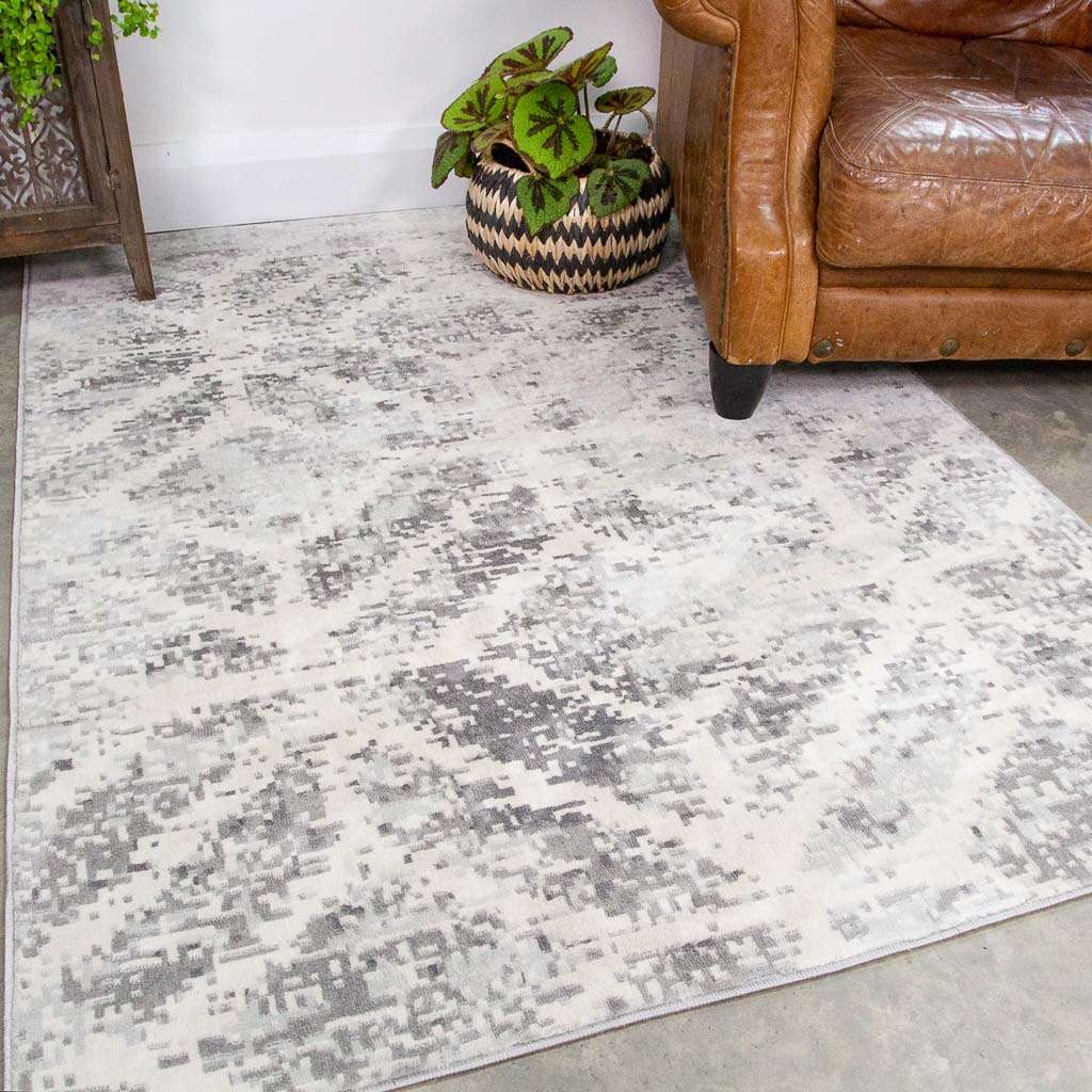 Faded Distressed Grey Geometric Pattern Rug