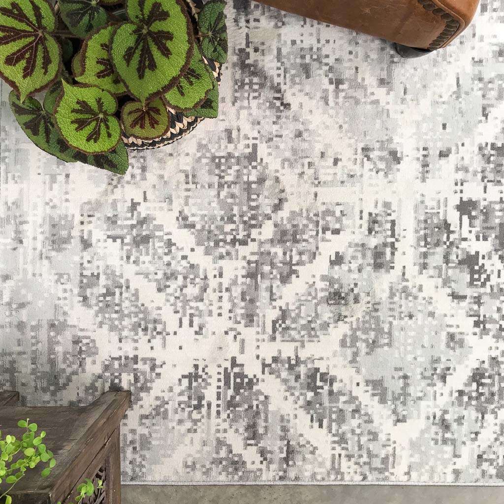 Faded Distressed Grey Geometric Pattern Rug