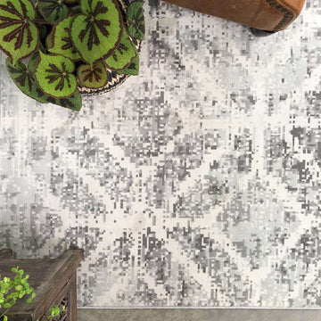 Faded Distressed Grey Geometric Pattern Rug