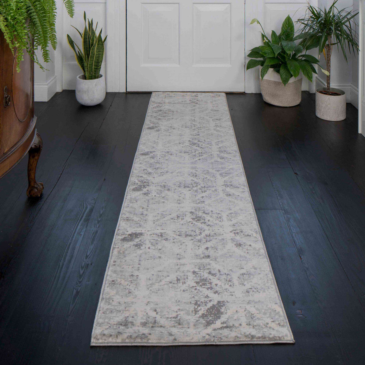 Faded Distressed Grey Geometric Pattern Rug