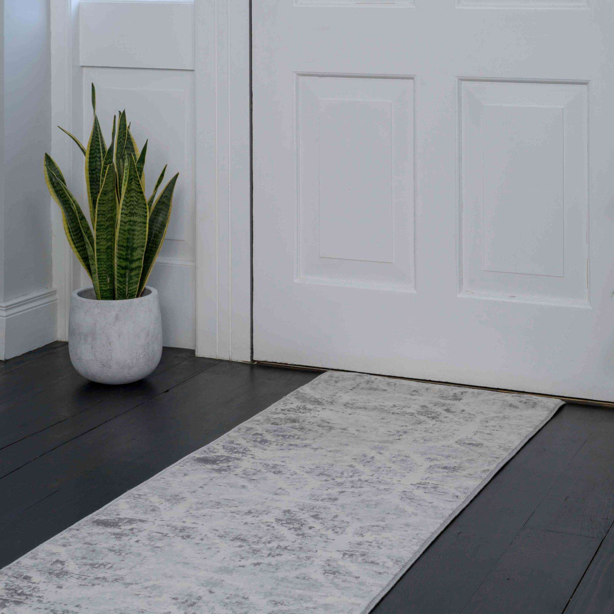 Faded Distressed Grey Geometric Pattern Rug