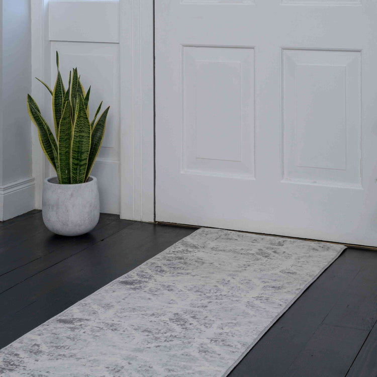 Faded Distressed Grey Geometric Pattern Rug