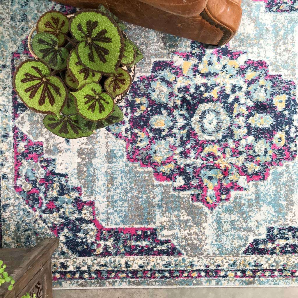 Faded Distressed Colourful Oriental Pattern Rug Demelza Living Room