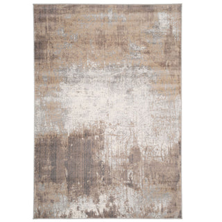 A beige and grey distressed area rug with a geometric pattern.