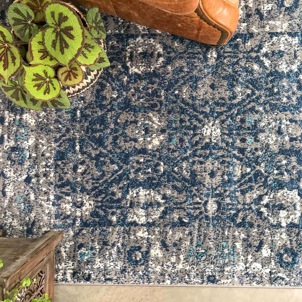 Faded Distressed Navy Oriental Pattern Rug