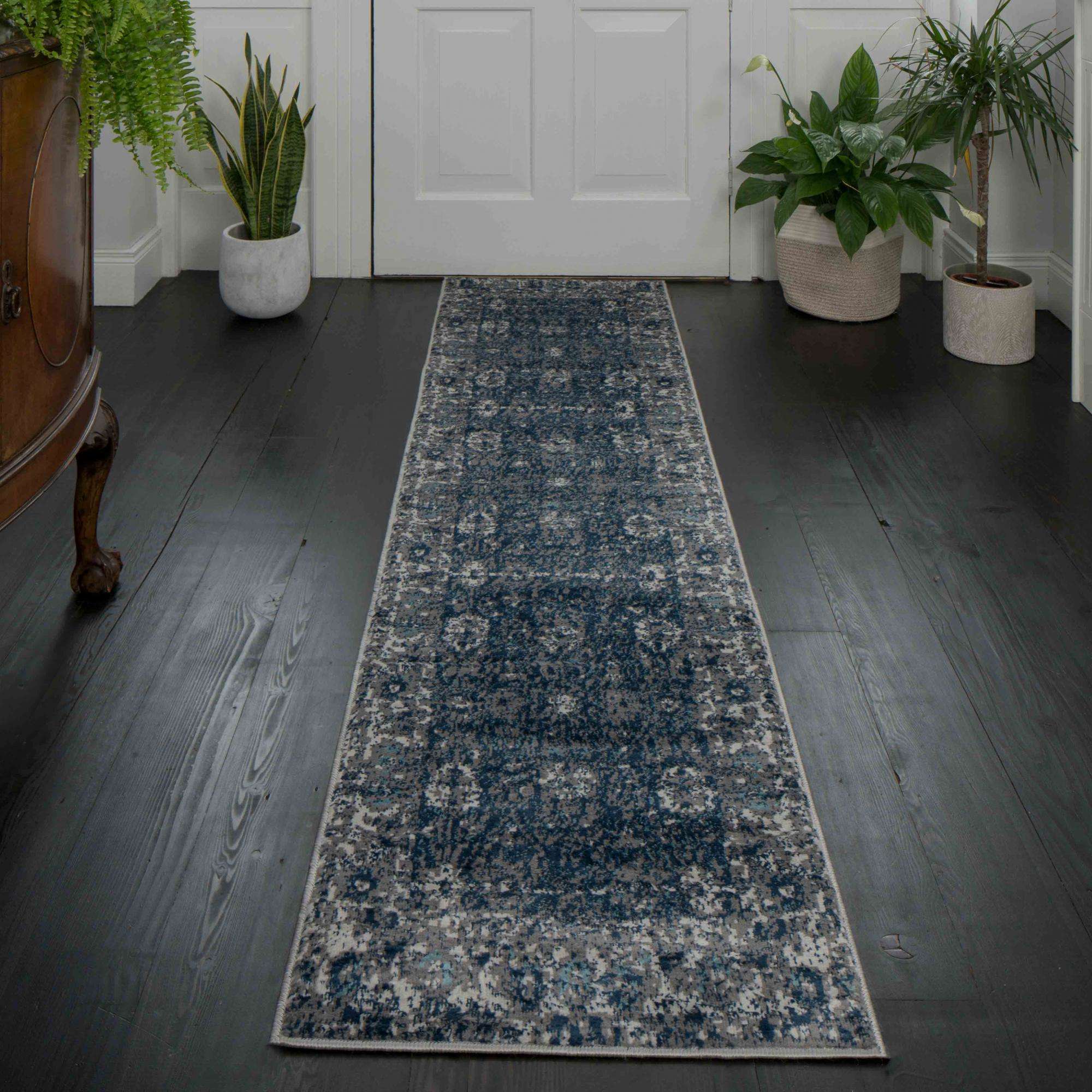 Faded Distressed Navy Oriental Pattern Rug
