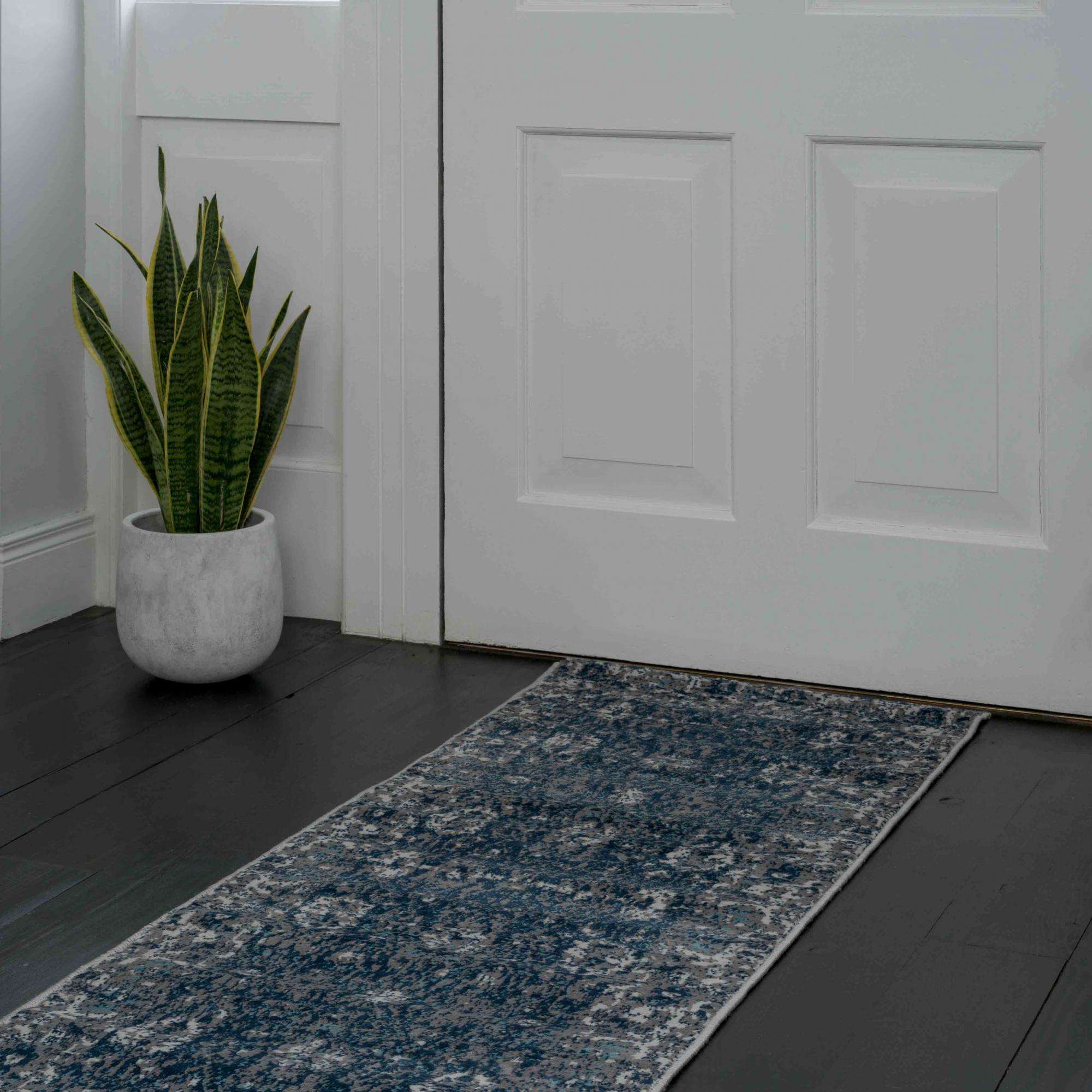 Faded Distressed Navy Oriental Pattern Rug