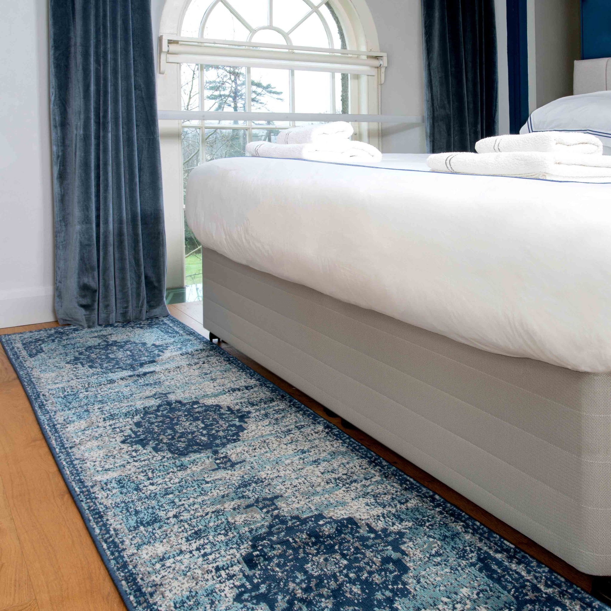 Faded Distressed Navy Blue Oriental Runner Rug