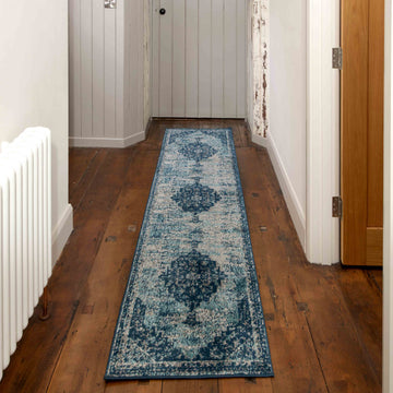 Faded Distressed Navy Blue Oriental Runner Rug
