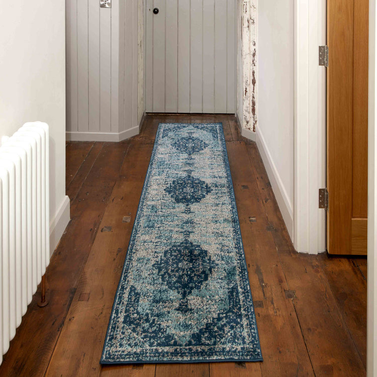 Faded Distressed Navy Blue Oriental Runner Rug