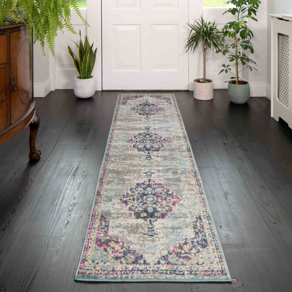 Faded Distressed Colourful Oriental Pattern Runner Rug - Demelza