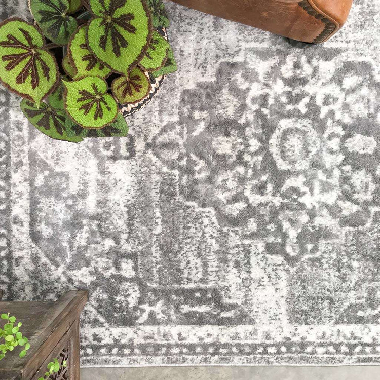 Faded Distressed Grey Oriental Pattern Runner Rug