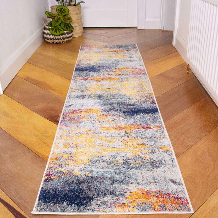 Gold Blue Distressed Living Room Runner Rug