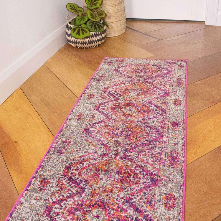 Fuschia Pink Oriental Distressed Runner Rug
