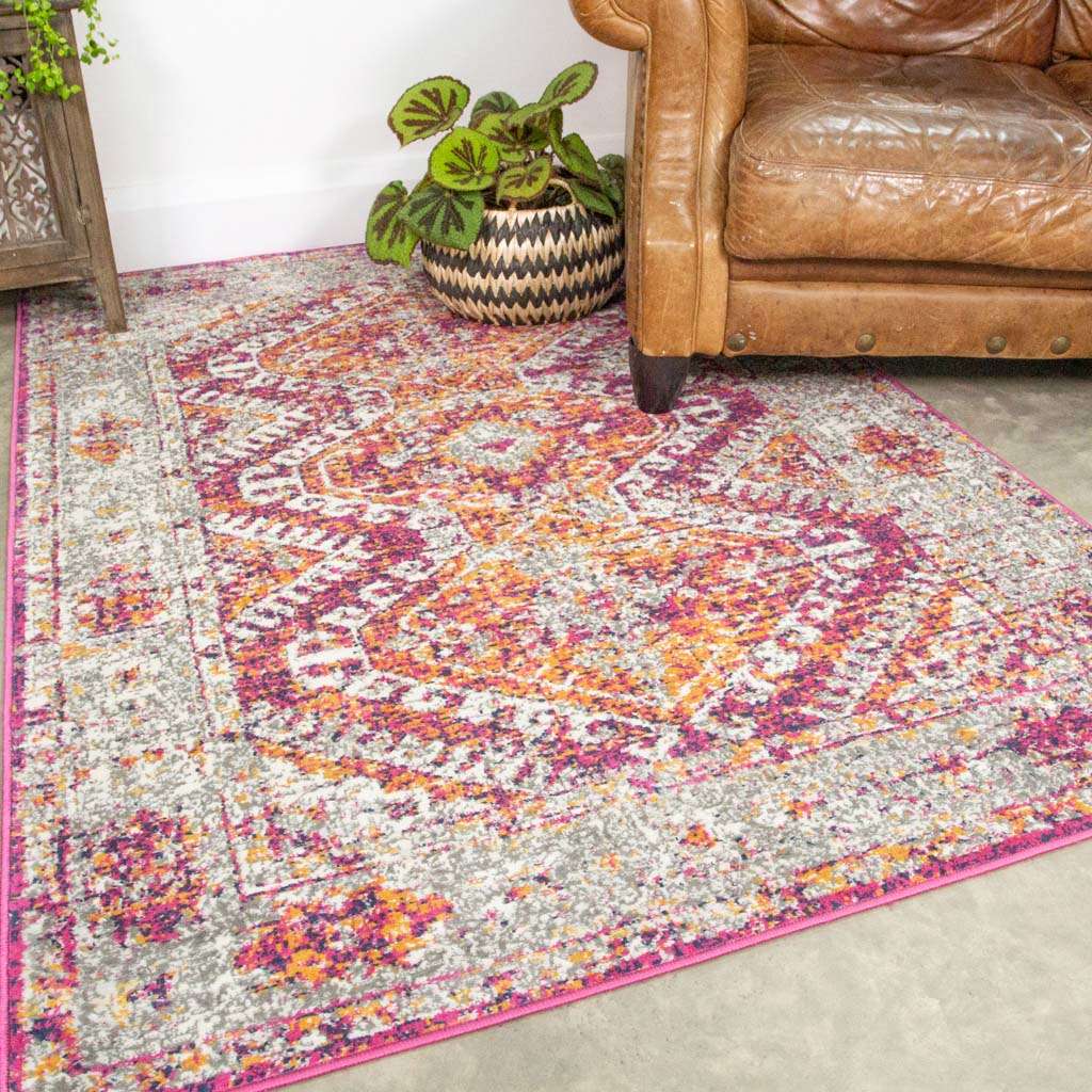 Fuschia Pink Oriental Distressed Runner Rug