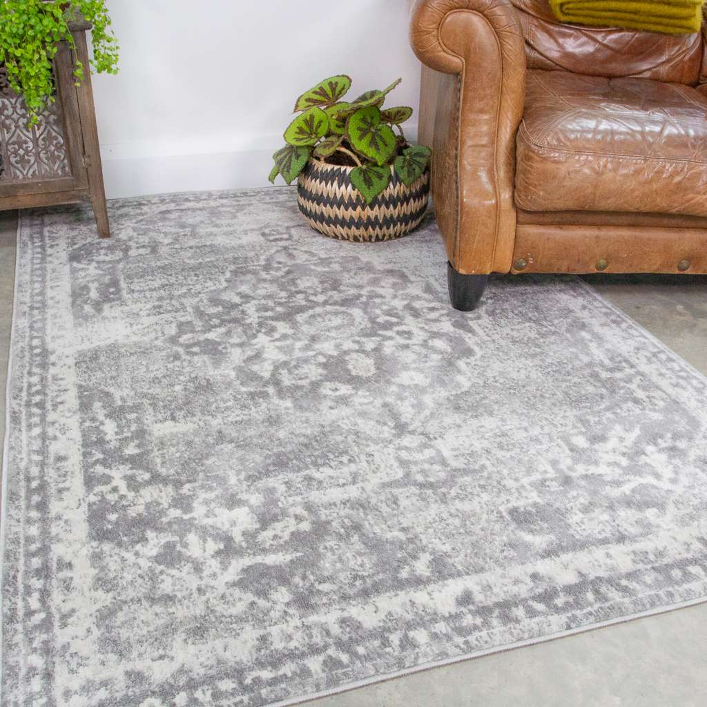 Faded Distressed Grey Oriental Pattern Rug - Demelza | Living Room Rugs ...