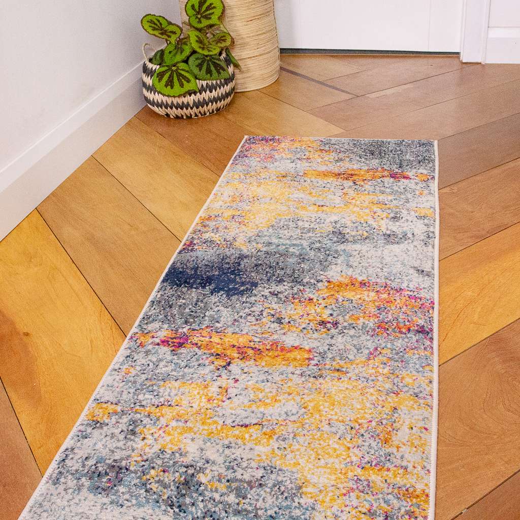 Gold Blue Distressed Living Room Rug