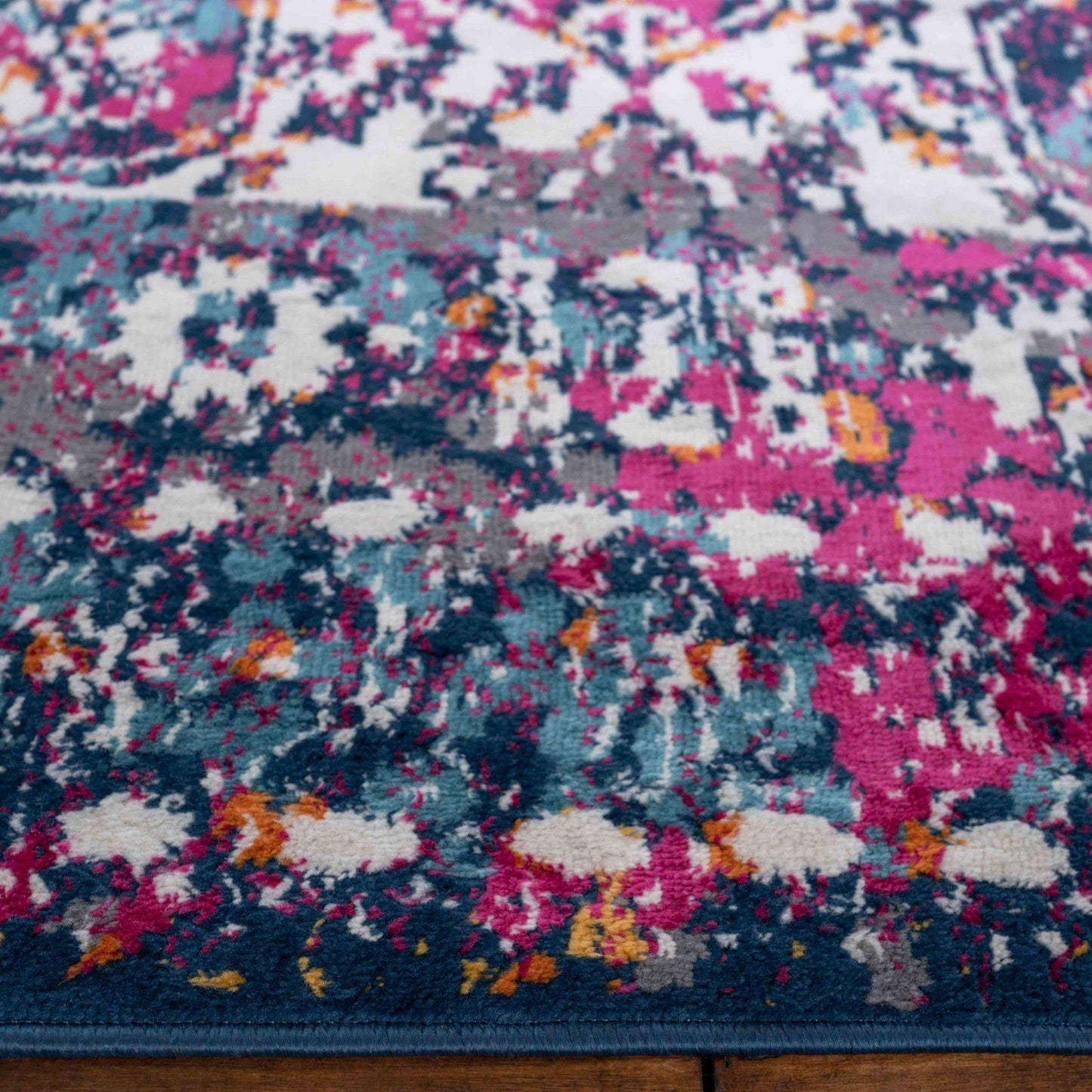 Faded Distressed Navy Pink Oriental Pattern Runner Rug